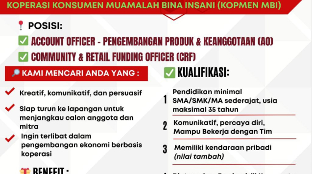 lokerkoperasi konsumen muamalah bina insani 2025 acount officer dan community funding